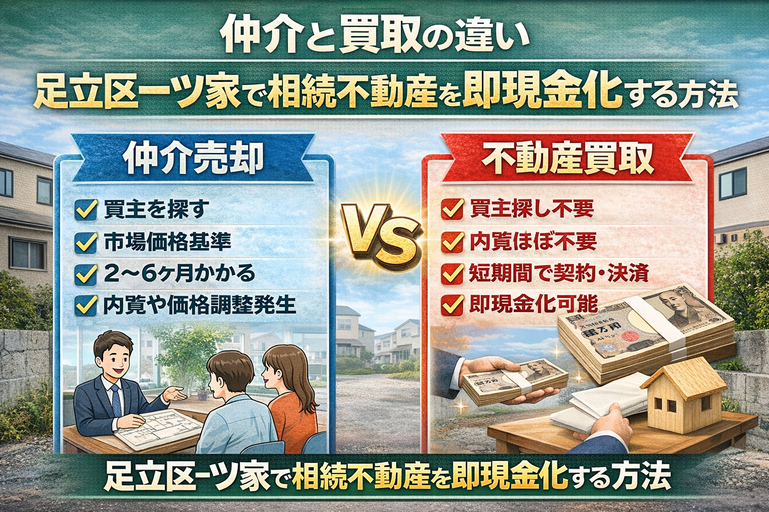 足立区一ツ家で相続不動産を即現金化する仲介と買取の比較図