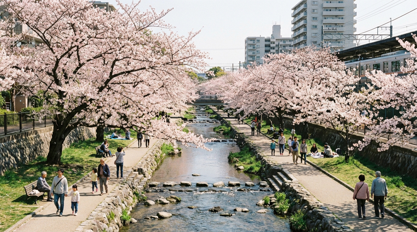 春の夙川公園、満開の桜と川のせせらぎを楽しむ人々の平和な風景
