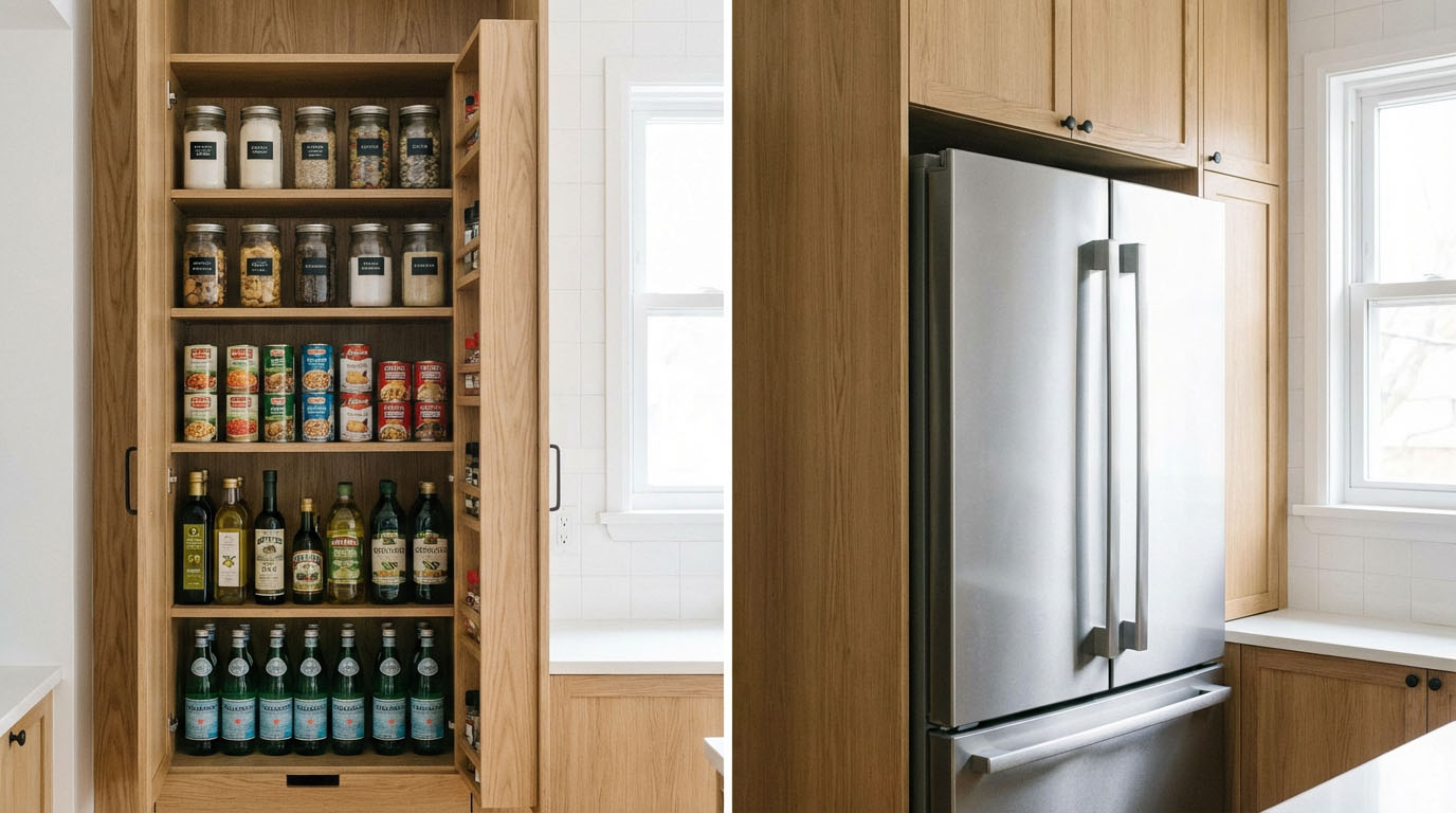 キッチンの通路や冷蔵庫横の隙間を活用した、可動棚式のスリムなパントリーの実例