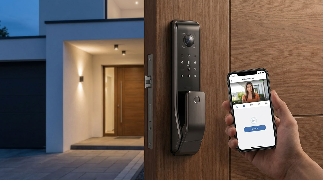 顔認証付きのスマートロックと、スマホで応対できる最新インターホンのイメージ