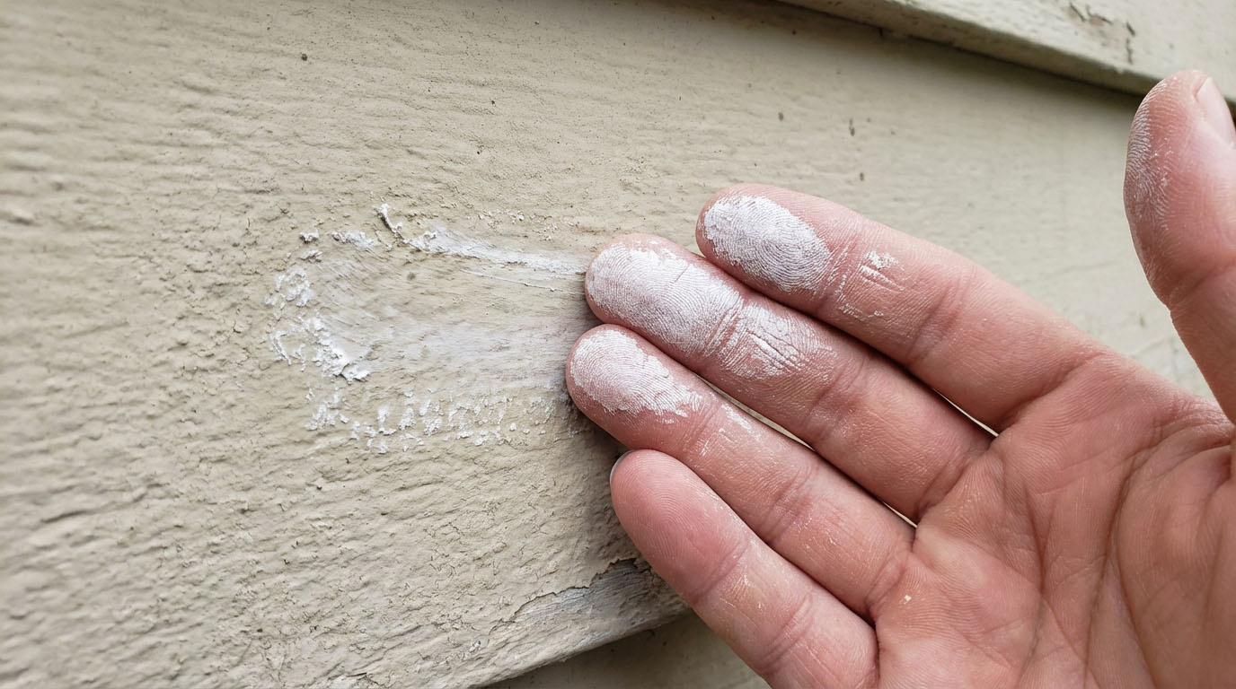 外壁を手で触り、白い粉がついている(チョーキング現象)を確認している手元のアップ