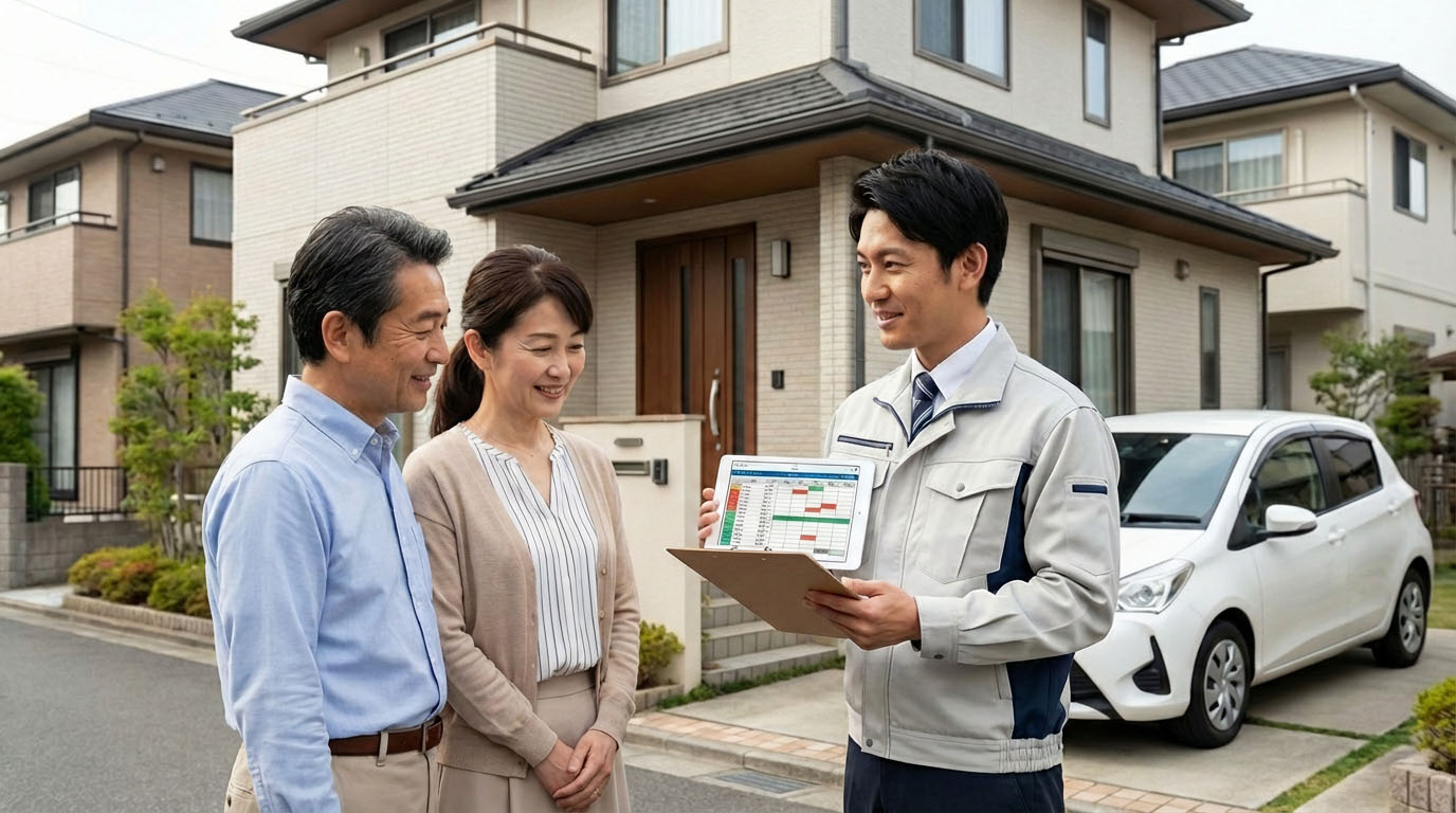 高翔のスタッフがお客様の自宅を訪問し、外壁の状態を診断してメンテナンスプランを説明している様子