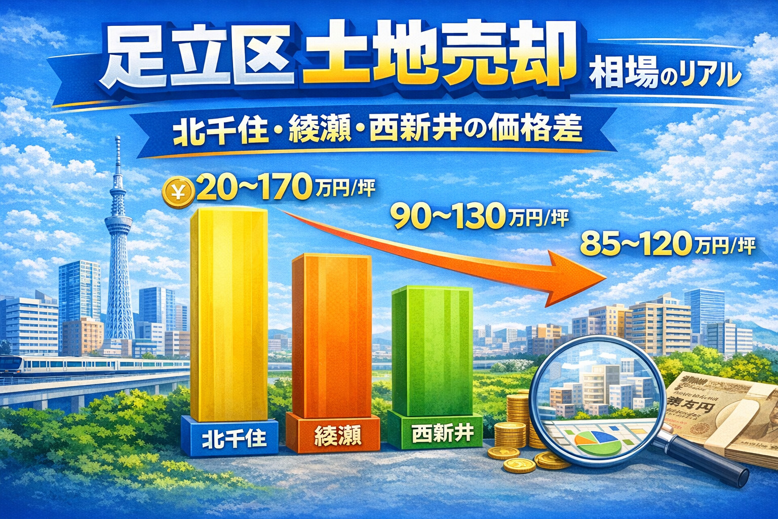 足立区土地売却相場 北千住 綾瀬 西新井 価格比較