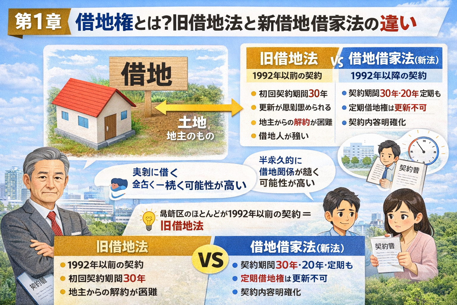 借地権制度と旧借地法の仕組み解説図