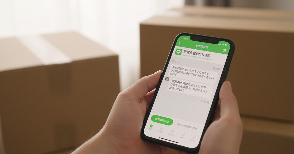 スマートフォンで西宮市の粗大ごみ収集予約(LINEアプリ)を行っている手元の様子