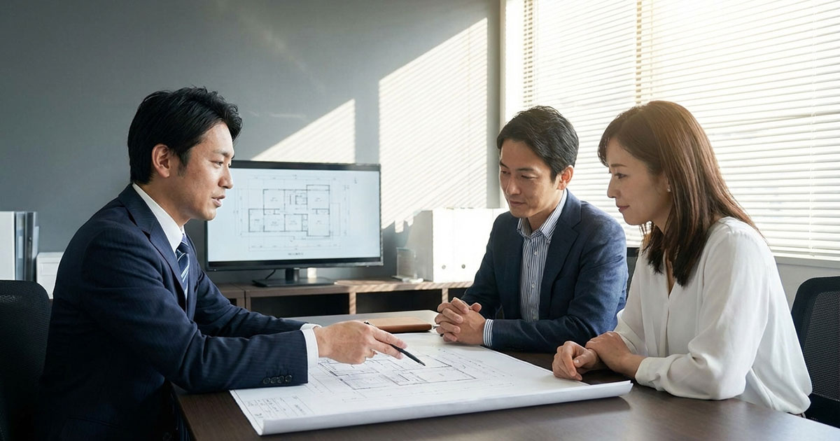 高翔の建築士と顧客が、建築協定をクリアしつつ要望を叶える図面を囲んで打ち合わせをしている様子