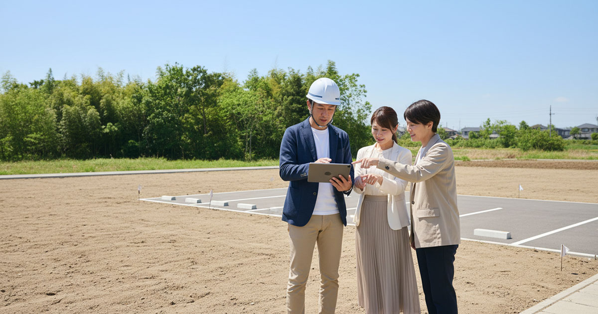 広い敷地で、高翔の建築士と顧客が庭のレイアウトやカースペースについて打ち合わせをしている様子