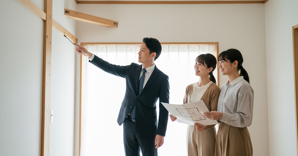 高翔バイセルの不動産担当と、高翔の建築士が一緒にお客様の物件内覧に同行し、アドバイスをしている様子