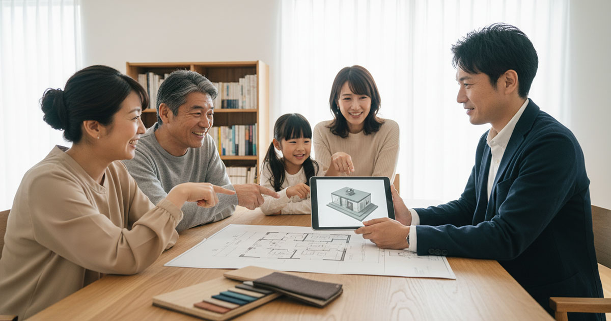 高翔の建築士が、親世代・子世代の三世代家族と一緒に間取り図を見ながら打ち合わせをしている和やかな様子