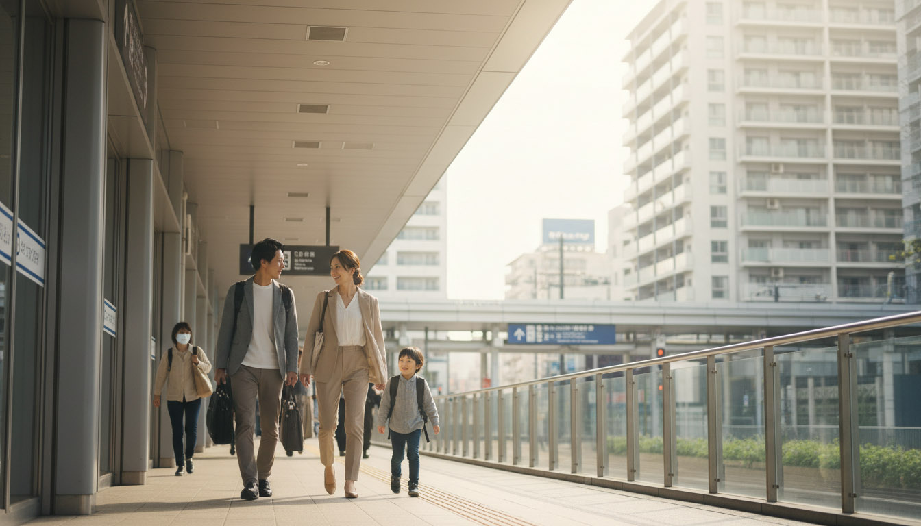 駅近のマンションからスムーズに通勤・通学する家族