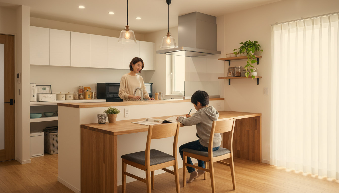 家事ラク動線を取り入れた広々としたリビングでくつろぐ家族