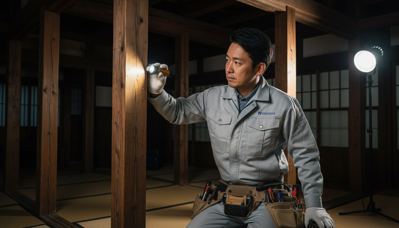 株式会社 高翔の建築士が、床下や構造体を細かくインスペクション(住宅診断)している様子
