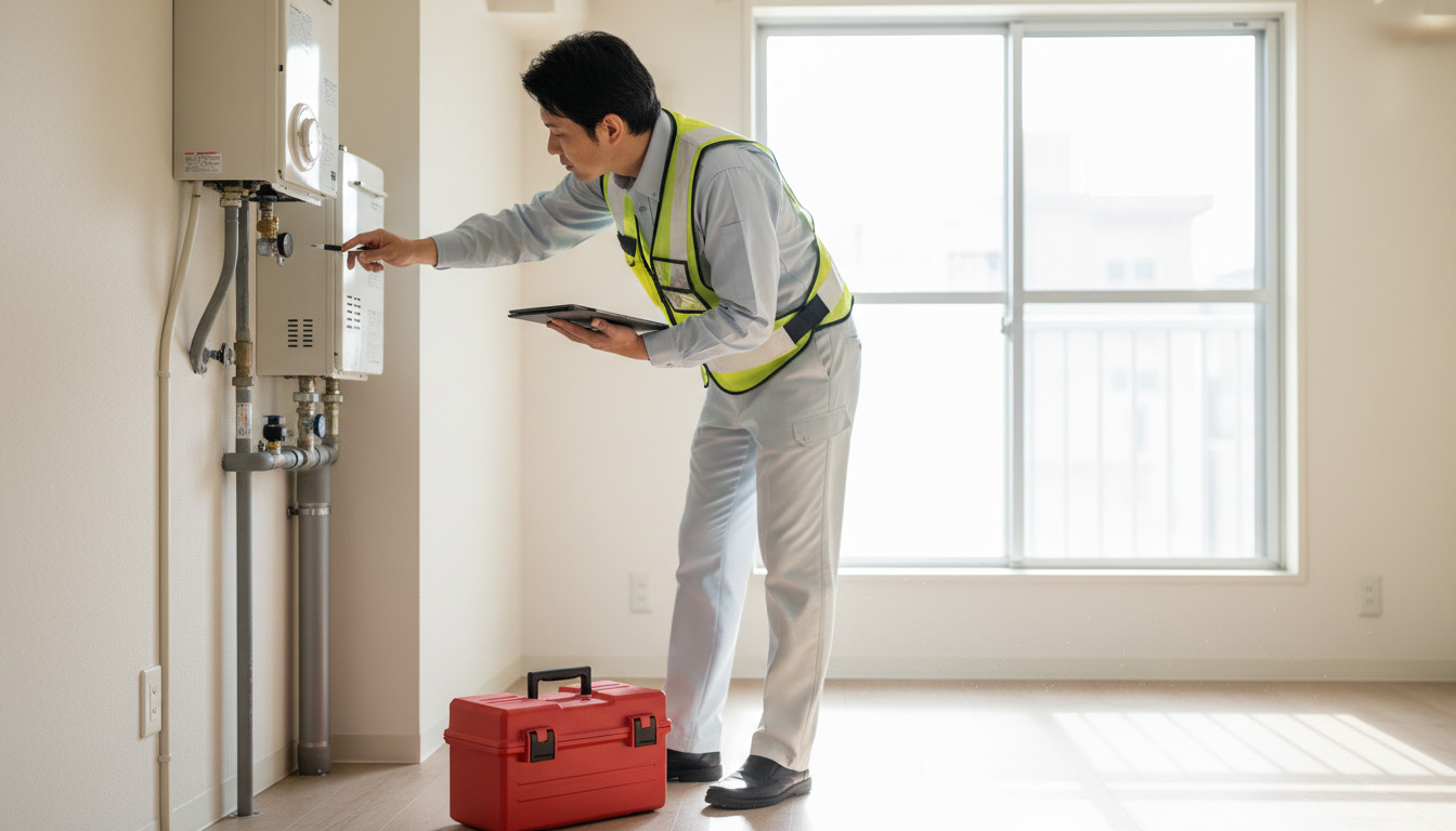 空室の期間に、株式会社 高翔の建築士が給排水管や設備の劣化を細かくチェックし予防保全を行う様子
