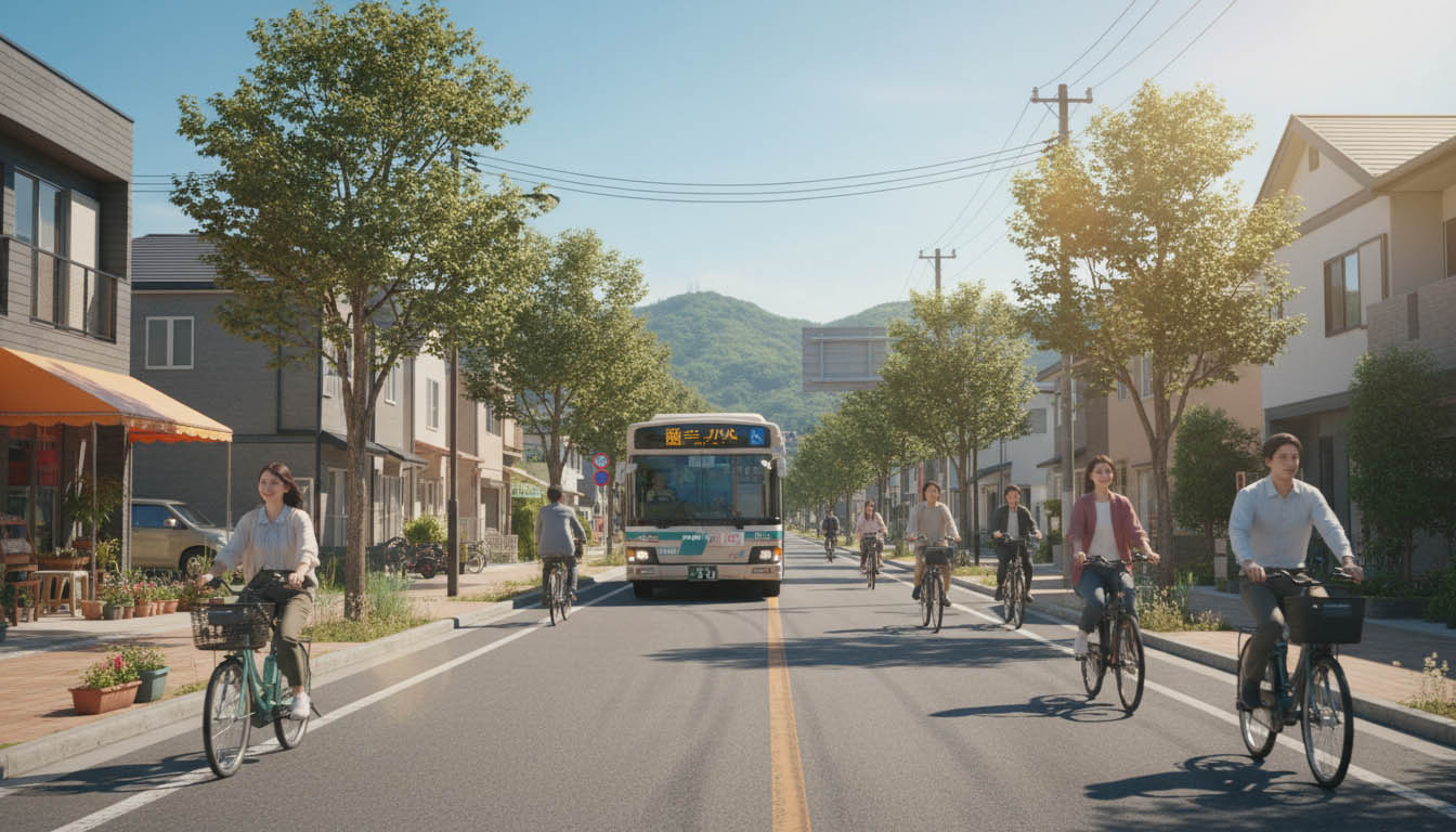 阪神間を南北に走る路線バスと、平坦な道を電動自転車で走る人々の活気ある街のイメージ