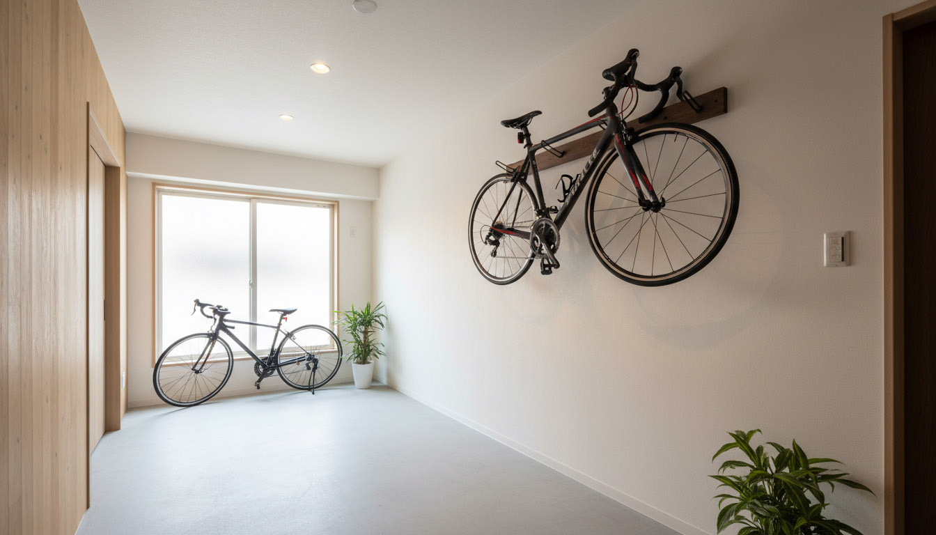 株式会社高翔のノウハウで整備された、屋根付きの明るい駐輪場やロードバイク用壁掛けフックがある室内