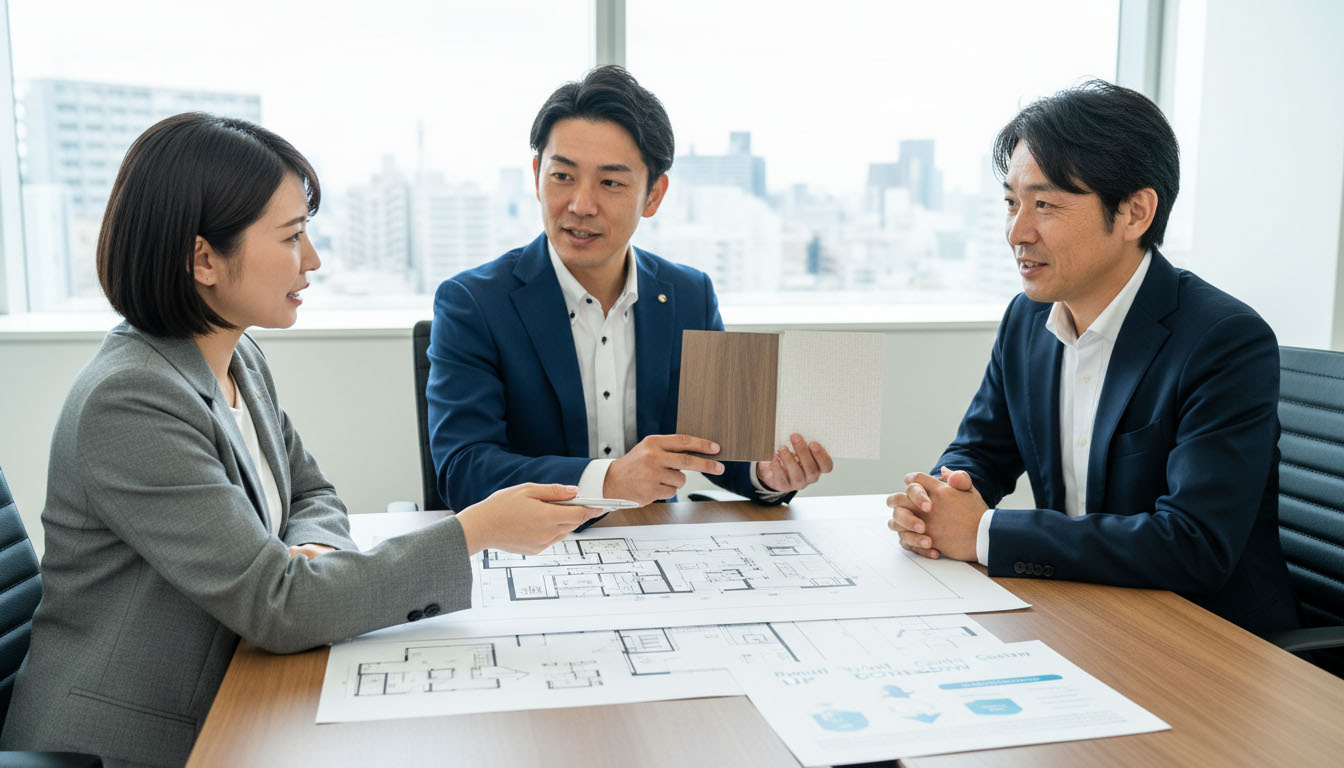 株式会社 高翔のノウハウで無駄な修繕費を抑え、家賃をアップさせるリノベーションの打ち合わせ風景