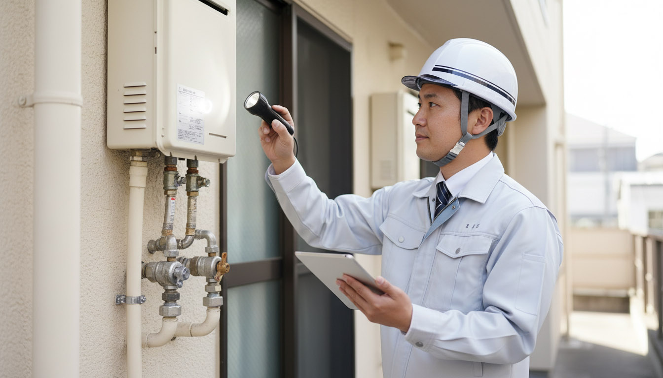 株式会社高翔の建築士が給湯器や配管を事前に点検し、予防保全を行うことで修繕コストを抑える様子