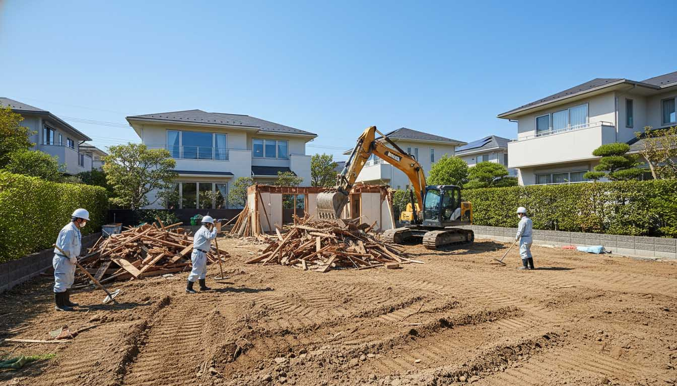 株式会社高翔の職人によって、古家が解体され綺麗な更地へと整地されている作業風景