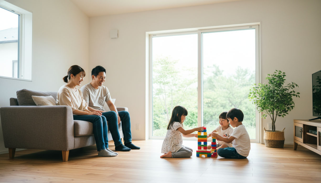 マンションでの子供の足音や騒音トラブルを気にせず、リビングで元気に遊ぶ子供を見守る家族のイメージ