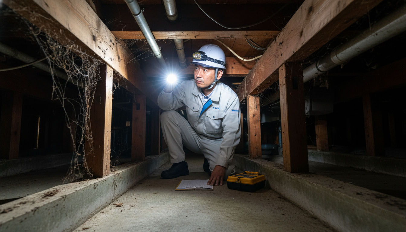 株式会社高翔の建築士が、床下や屋根裏をライトで照らしながら建物の状態を厳しくインスペクションする様子