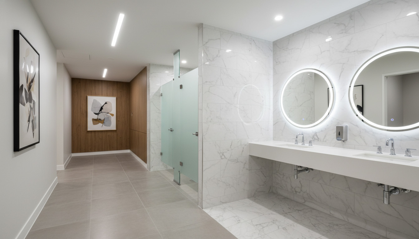 株式会社高翔が施工した、テナントビルのおしゃれなエントランスや最新のトイレ設備への改修工事