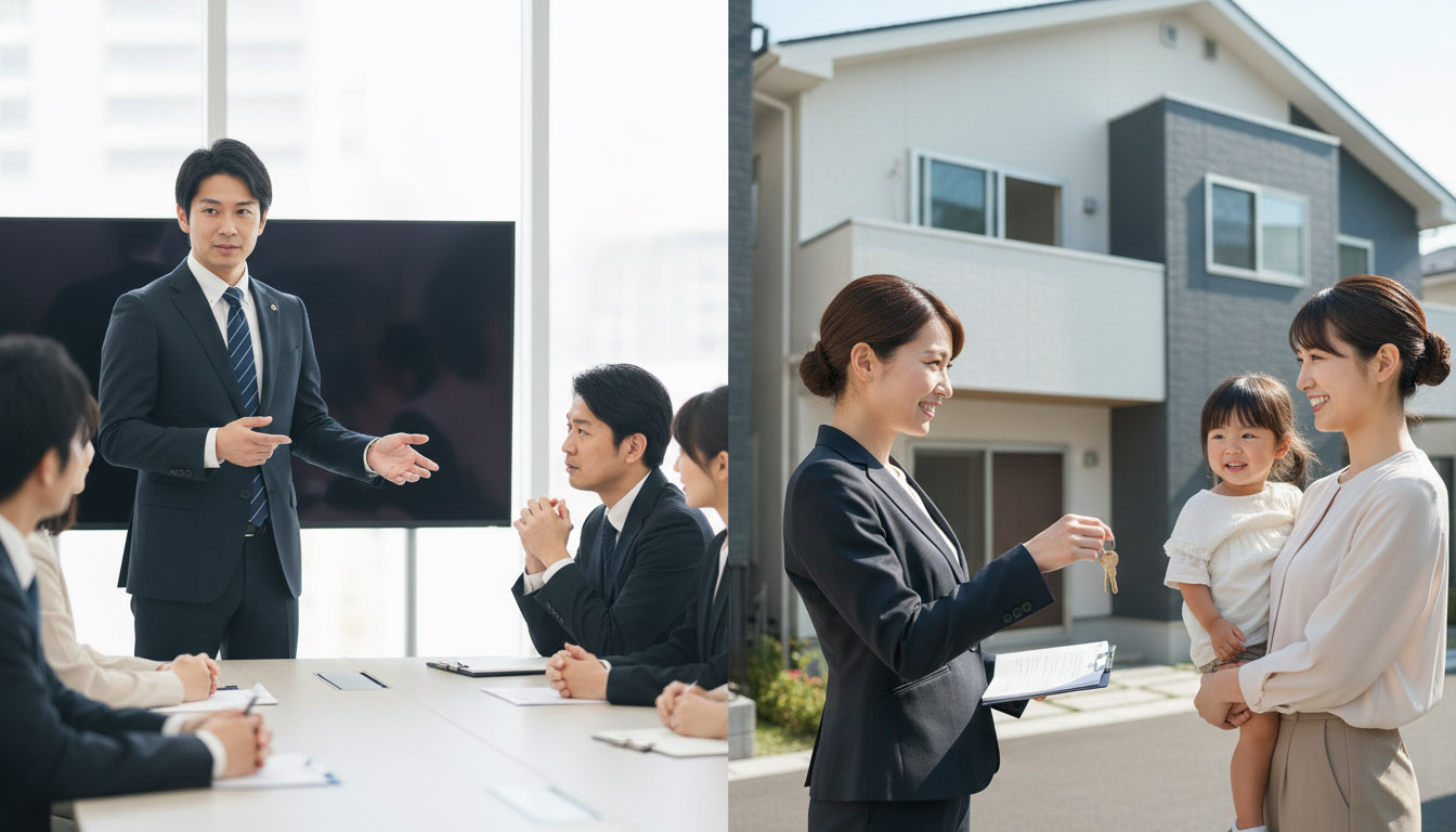 本業に集中する会社員と、その裏で入居者対応や物件の修繕を完璧にこなすプロの管理会社のイメージ