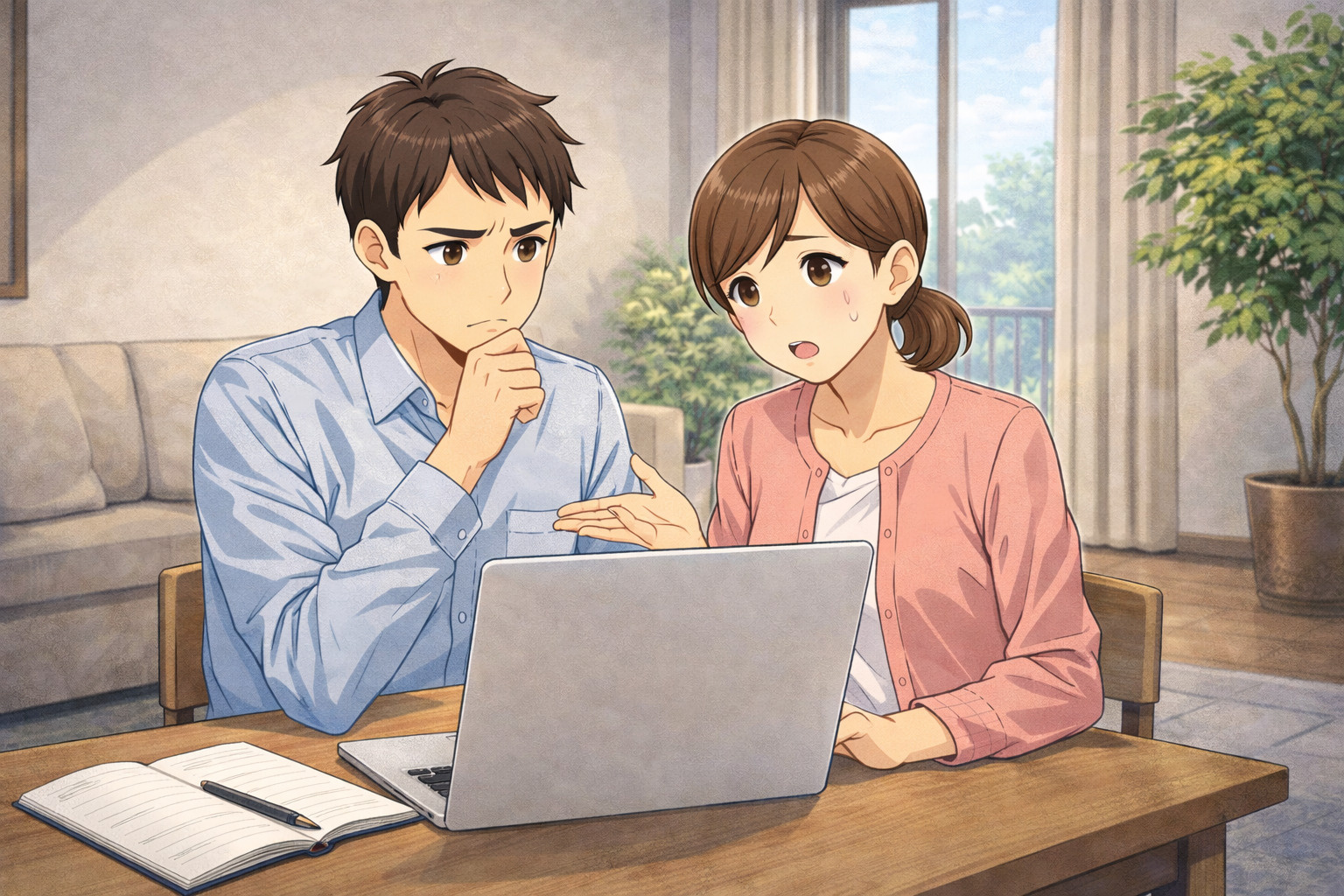 パソコンを前に相談する夫婦