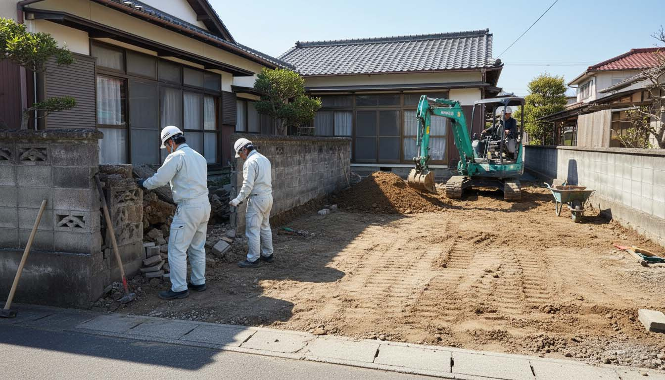 株式会社高翔の職人が、古い戸建ての庭やブロック塀を解体し、広々とした駐車スペースを造成している工事風景
