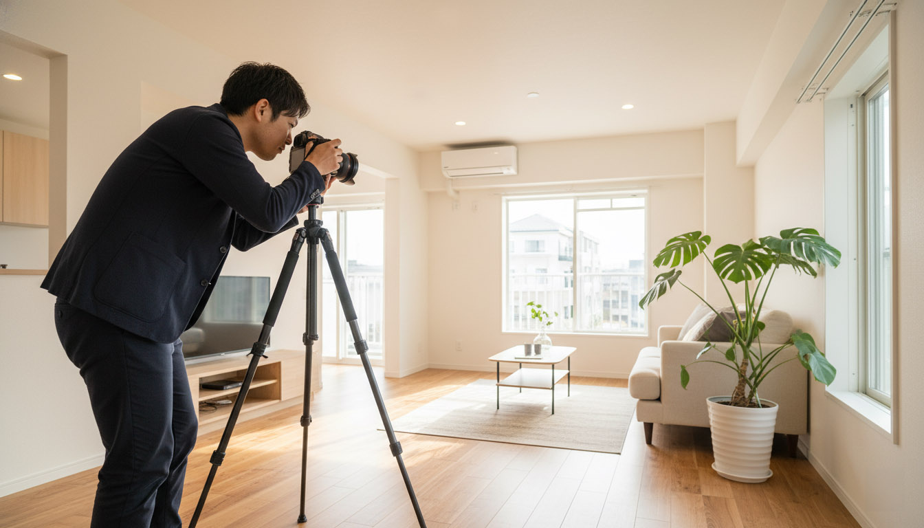 魅力を最大限に引き出すため、明るく広々と見えるアングルで賃貸物件の室内写真を撮影している様子