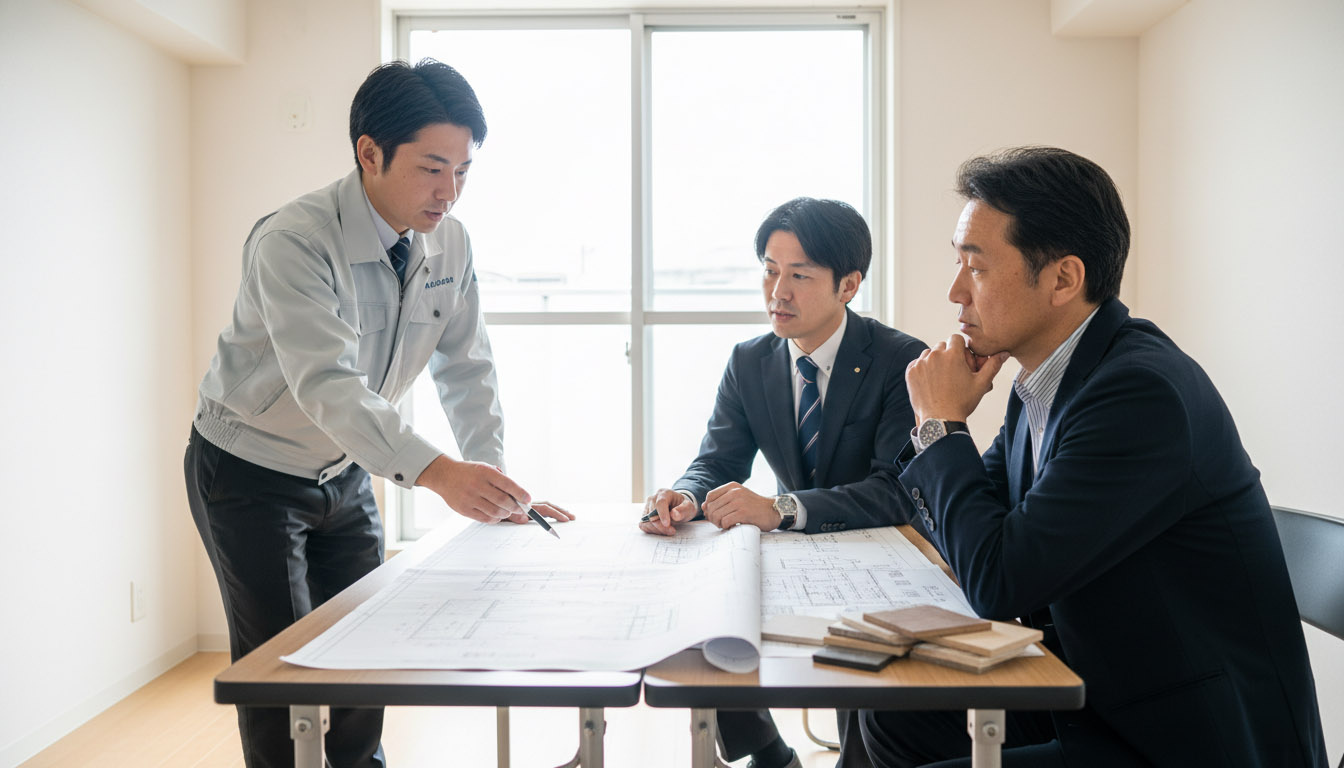 空室対策として、株式会社高翔の建築士と一緒に効果的なリノベーションプランを提案する会議の様子
