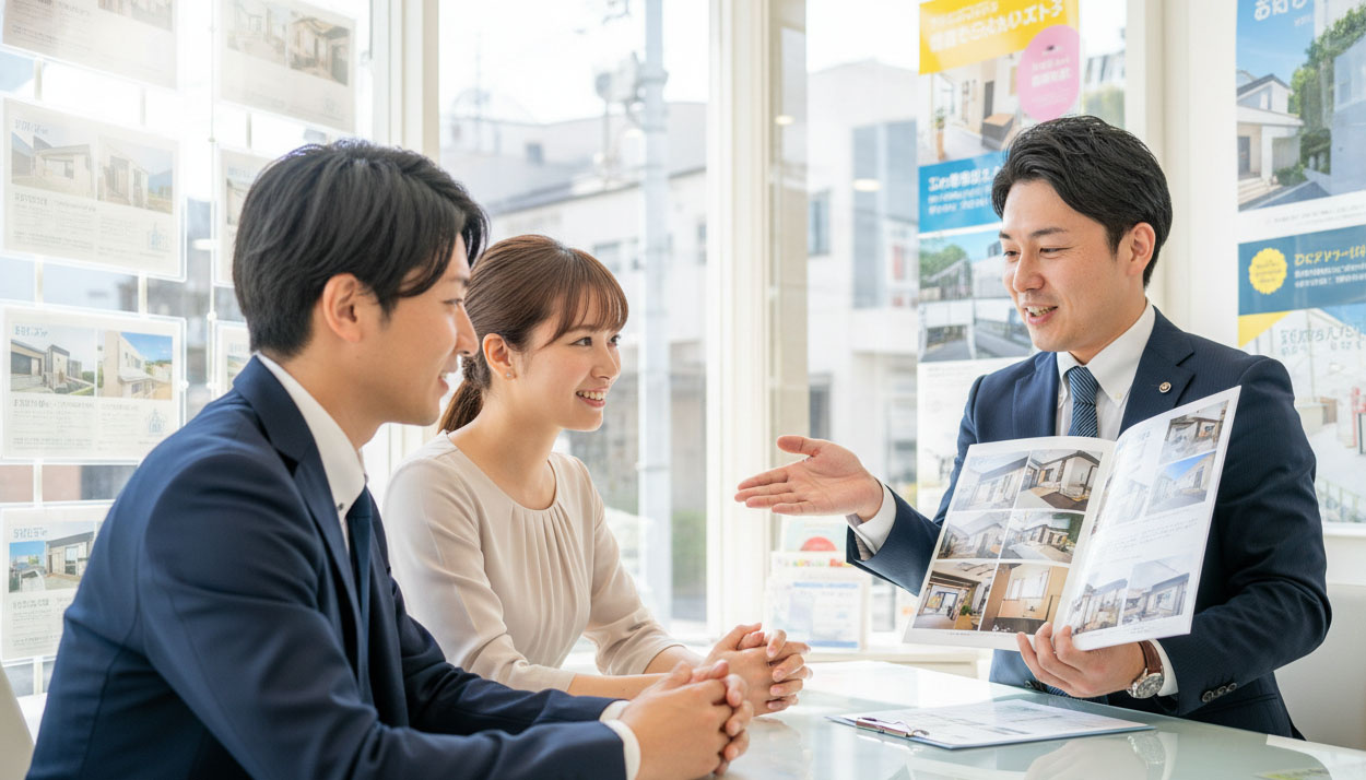 仲介会社のスタッフが、AD(広告料)が多く設定された物件をお客様に熱心に勧めているイメージ