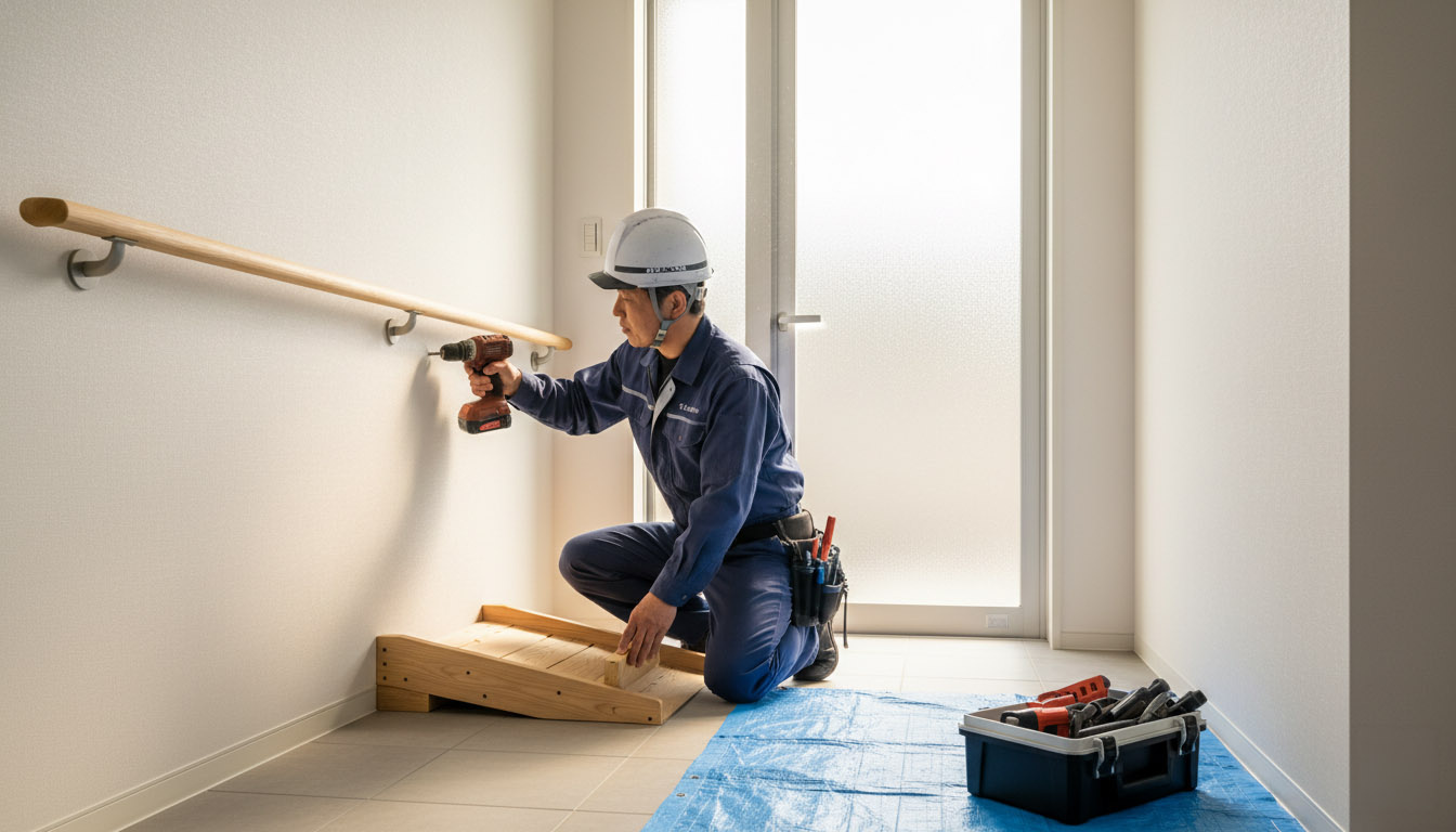 株式会社高翔の職人が、高齢の入居者のために玄関に手すりを設置し、段差を解消するバリアフリー工事を行っている様子
