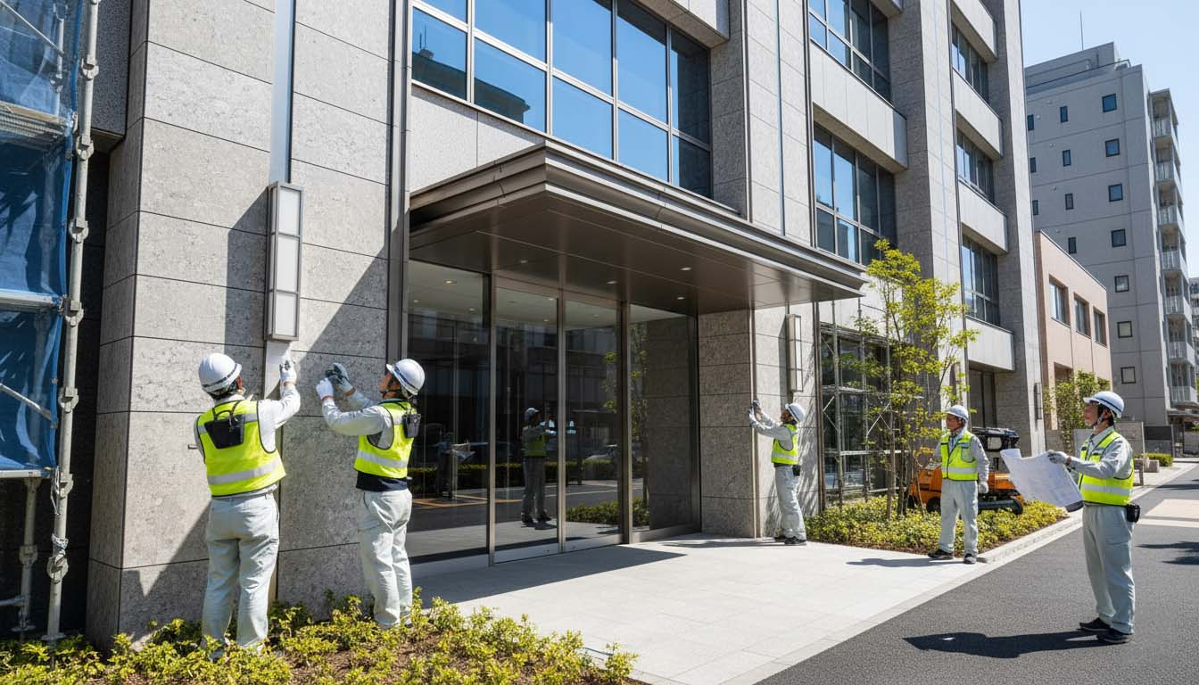 株式会社高翔の職人によって、自社ビルや収益物件の外壁・内装が美しくリノベーションされ、価値が向上している施工風景