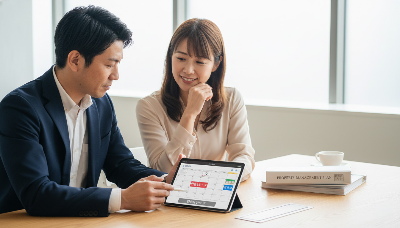 春の入退去シーズンに向けて、プロの不動産担当者と入退去のスケジュール計画を立てる様子
