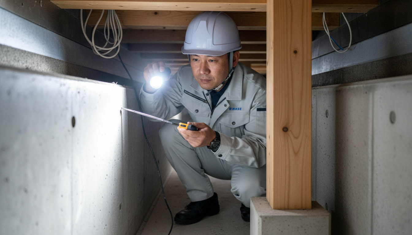 株式会社高翔の建築士が、床下の基礎部分や柱の耐震性を厳しくチェックしている様子