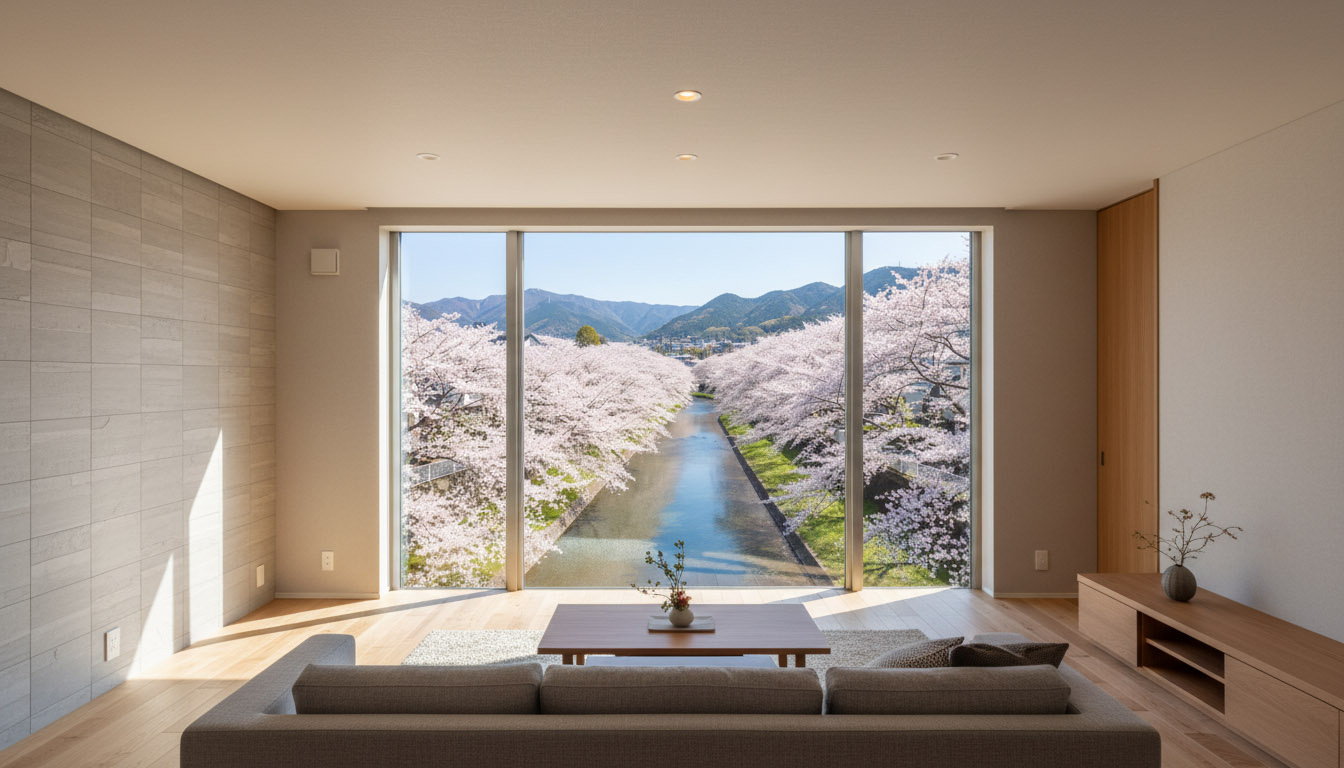 株式会社高翔の施工により、芦屋川の借景を美しく切り取るピクチャーウインドウと調湿素材を用いたリビング