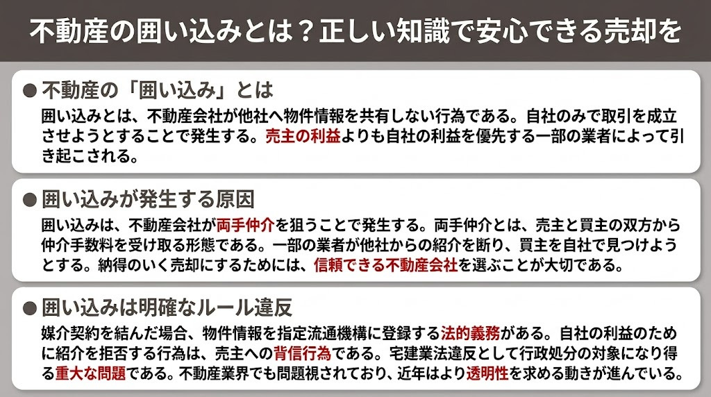不動産の囲い込みとは?正しい知識で安心できる売却を