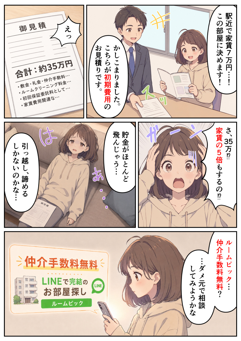 ①不動産屋で物件を探す女性。「駅近で家賃7万円…!この部屋に決めます!」と喜んで決断する。男性スタッフが「かしこまりました。こちらが初期費用のお見積りです。」と書類を差し出すと、そこには「合計:約35万円」と書かれており、女性は「えっ」と驚愕する。
②
女性は頭を抱えてショックを受け、「さ、35万!?家賃の5倍もするの!?貯金がほとんど飛んじゃう…」と焦っている。
③
家のソファで見積書を持ちながらぐったりと落ち込む女性。「引っ越し、諦めるしかないのかな…」とため息をついている。
④
スマホを見つめる女性。画面には「仲介手数料無料 LINEで完結のお部屋探し ルームピック」というサービスが表示されている。それを見た女性は「ルームピック…仲介手数料無料?…ダメ元で相談してみようかな」と希望を見出している。