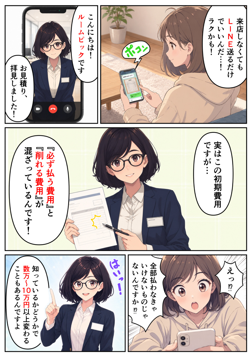 ①
部屋のソファでスマホを操作する女性。「来店しなくてもLINE送るだけでいいんだ…!ラクかも!」と、不動産屋で受け取った見積書の写真をLINEで送信する。スマホの画面にはメガネをかけたルームピックの女性担当者が映り、「こんにちは!ルームピックです。お見積り、拝見しました!」と連絡が来る。
②
ルームピックの担当者が、見積書をペンで指し示しながら「実はこの初期費用ですが…『必ず払う費用』と『削れる費用』が混ざっているんです!」と説明する。
③
女性はスマホを見つめ、「えっ!?全部払わなきゃいけないものじゃないんですか!?」と驚いた表情を見せる。
④
ルームピックの担当者が笑顔で人差し指を立て、「はいっ!知っているかどうかで数万〜10万円以上変わることもあるんですよ」と答える。