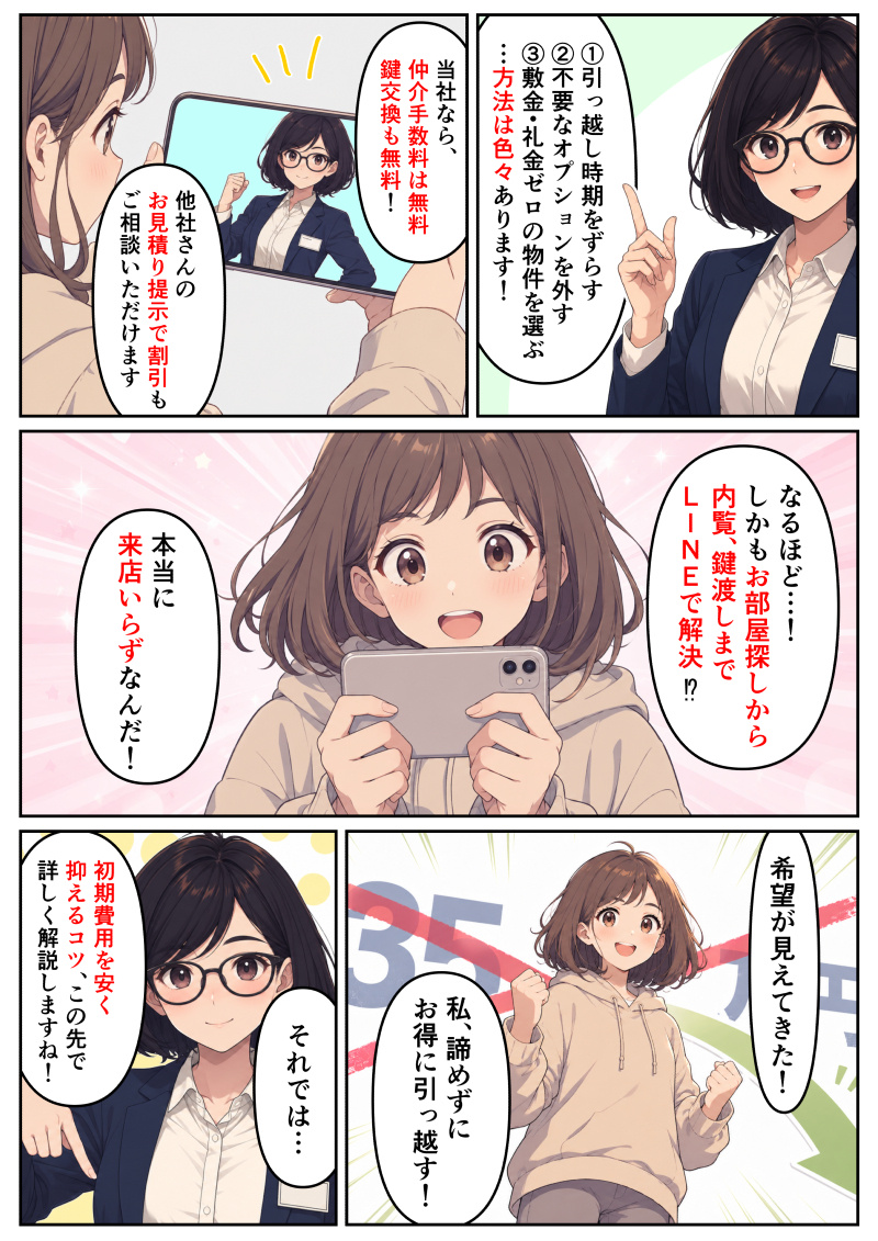 ①
ルームピックの女性担当者が人差し指を立てて、「①引っ越し時期をずらす ②不要なオプションを外す ③敷金・礼金ゼロの物件を選ぶ…方法は色々あります!」と初期費用を抑える方法を説明している。
②
スマホ画面越しのルームピック担当者がガッツポーズをして、「当社なら、仲介手数料は無料 鍵交換も無料!他社さんのお見積り提示で割引もご相談いただけます」と力強くアピールしている。それを女性が希望の表情で見つめている。
③
スマホを両手で持ち、パッと表情を明るくする女性。「なるほど…!しかもお部屋探しから内見、鍵渡しまでLINEで解決!?本当に来店いらずなんだ!」と、その便利さに感動している。
④
背景で高額な見積り「35万」の文字が打ち消されている。女性が両手でガッツポーズをして、「希望が見えてきた!私、諦めずにお得に引っ越す!」と前向きに決意している。
⑤
ルームピックの担当者が笑顔で画面下方向を指差し、「それでは…初期費用を安く抑えるコツ、この先で詳しく解説しますね!」と読者に向けて案内をしている。