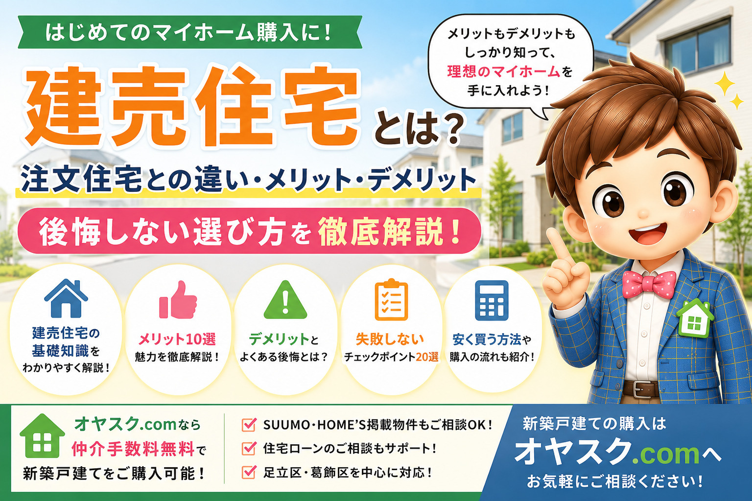 建売住宅とは何か、注文住宅との違い、メリット・デメリット、後悔しない選び方を解説するオヤスク.comの記事タイトル画像