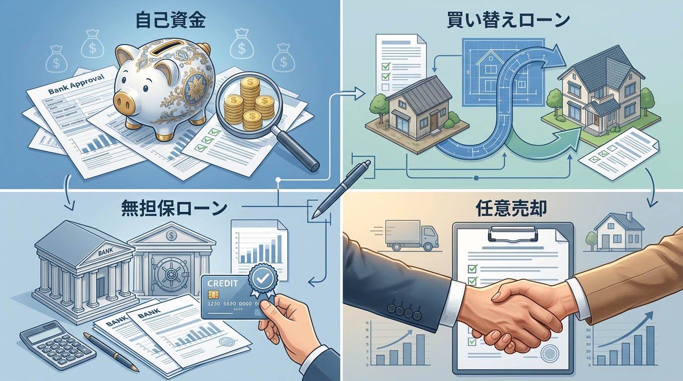 オーバーローンの4つの選択肢(自己資金、買い替えローン、無担保ローン、任意売却)を比較した視覚的なインフォグラフィック