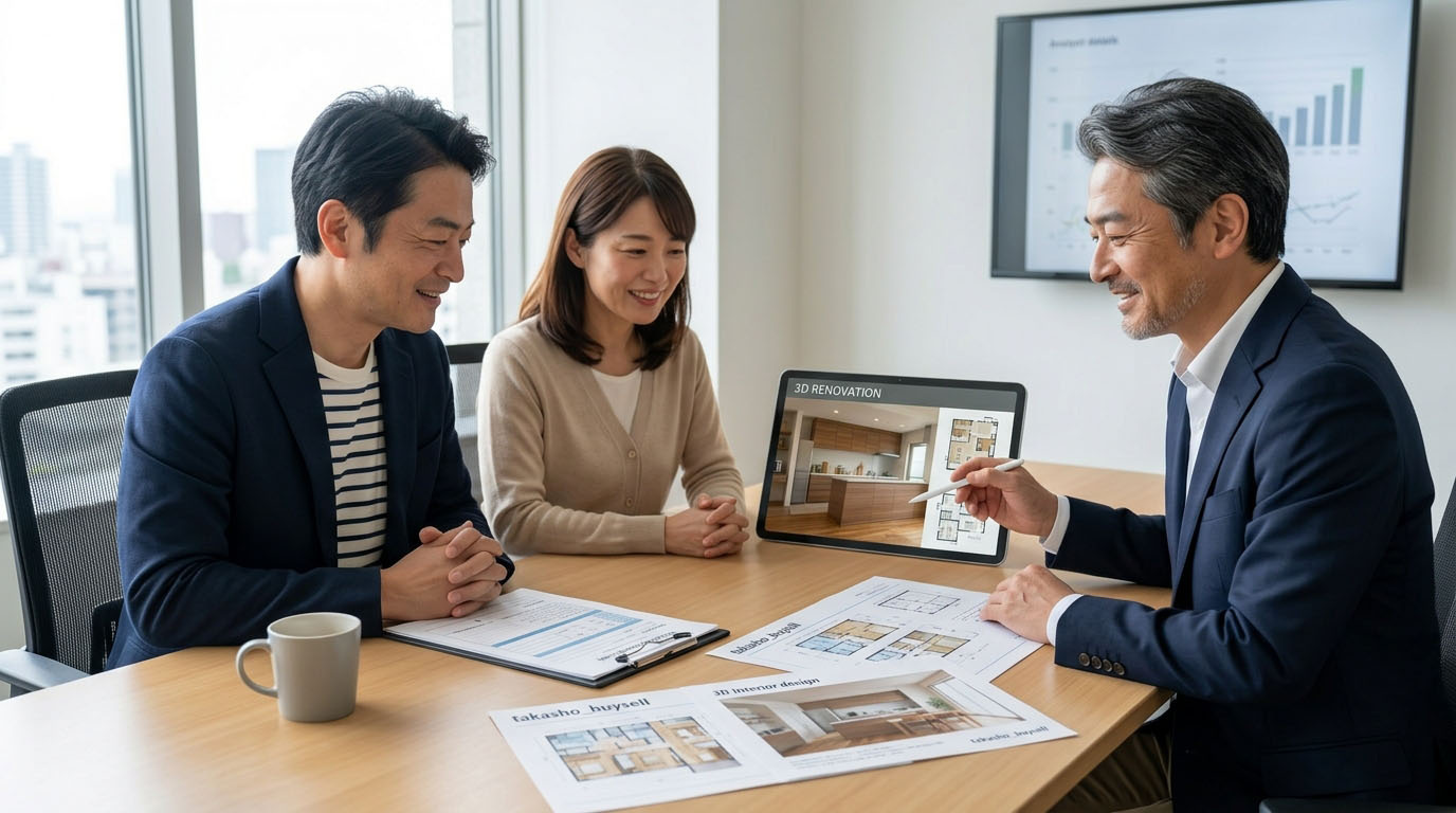 高翔バイセルのスタッフが、銀行との交渉書類と、物件価値を高めるリノベーション提案書を並べて、売主様を力強くサポートしている様子