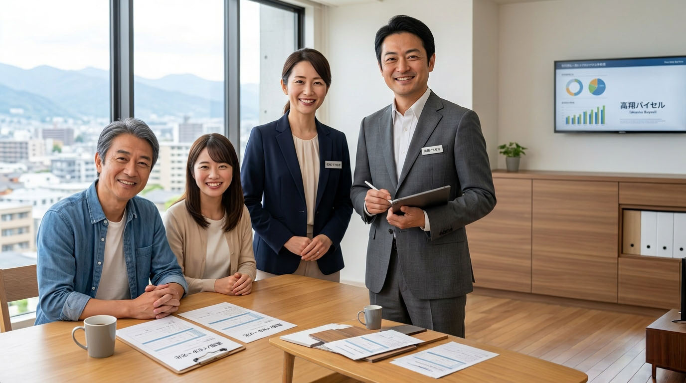 高翔バイセルの不動産スタッフと建築士が笑顔でお客様をサポートし、窓口が一つになる安心感を感じている様子