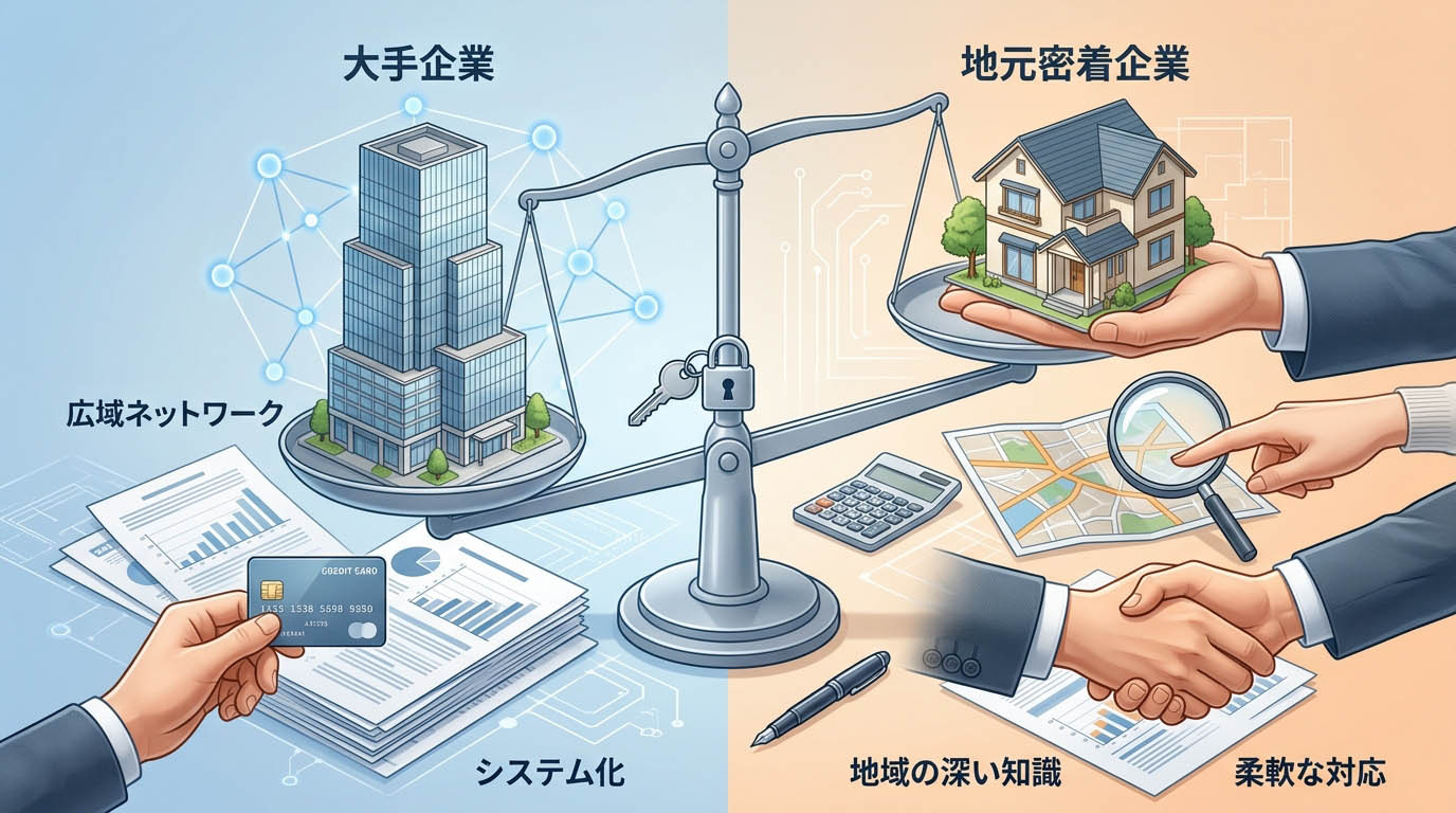 大手企業(広域ネットワーク・システム化)と地元密着企業(地域の深い知識・柔軟な対応)のメリットを天秤にかけた比較インフォグラフィック