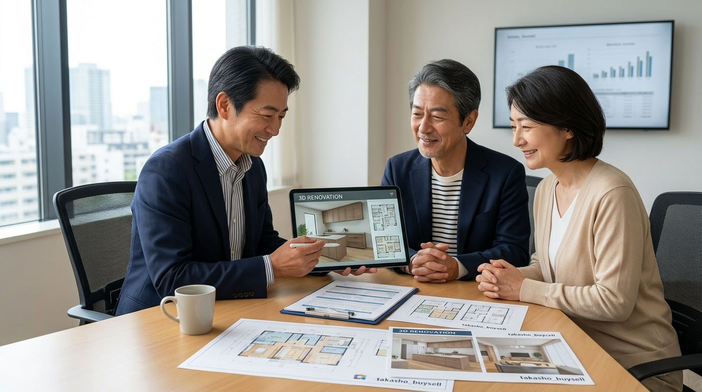 高翔バイセルのスタッフが、売主様に対して販売状況のデータをオープンに開示し、透明で安心感のある相談を行っている様子