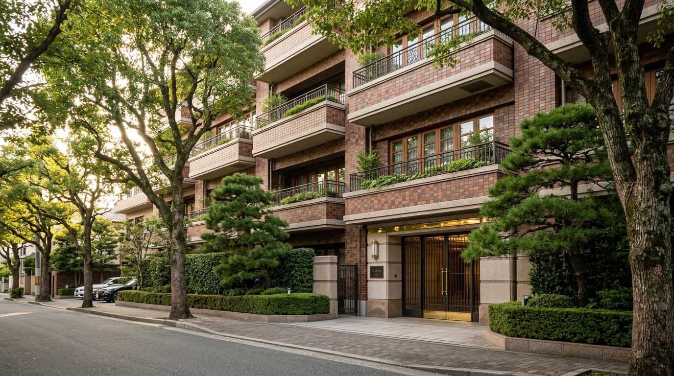 芦屋の閑静な住宅街にある、重厚なタイル貼りで管理の行き届いた美しいヴィンテージマンションの外観