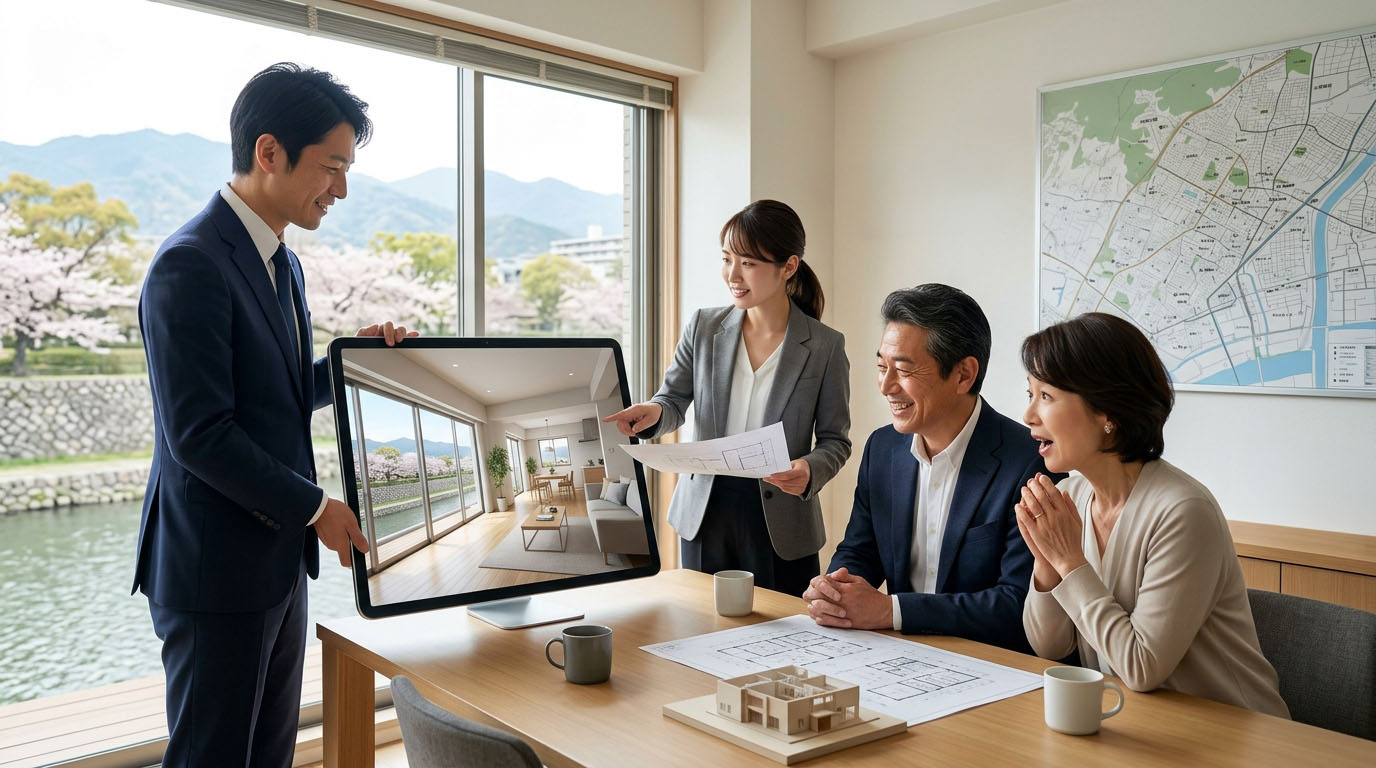 高翔バイセルのスタッフと建築士が、芦屋川の眺望を最大限に活かしたリノベーションプランのパース図を買主様にプレゼンしている様子