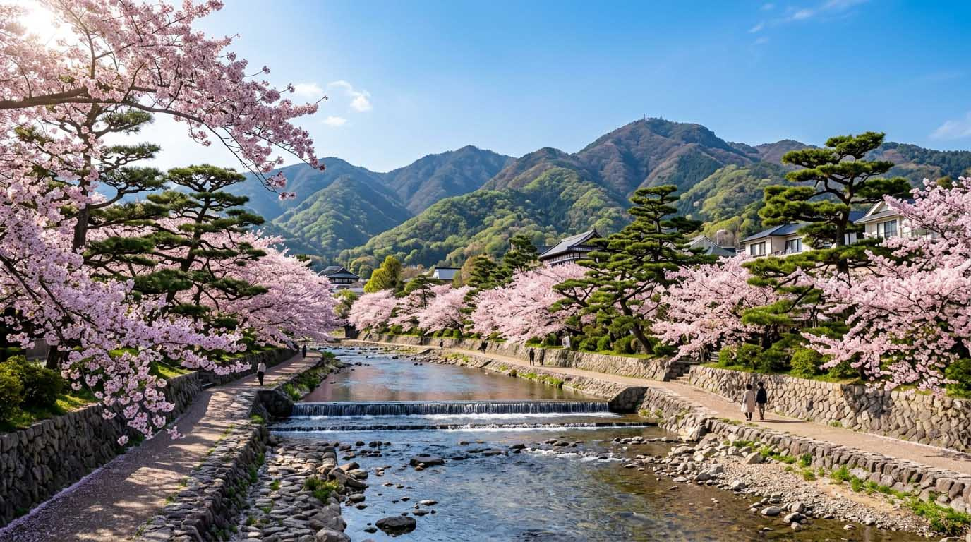 春の芦屋川。満開の桜並木と松の緑、背景に連なる六甲山の美しい風景