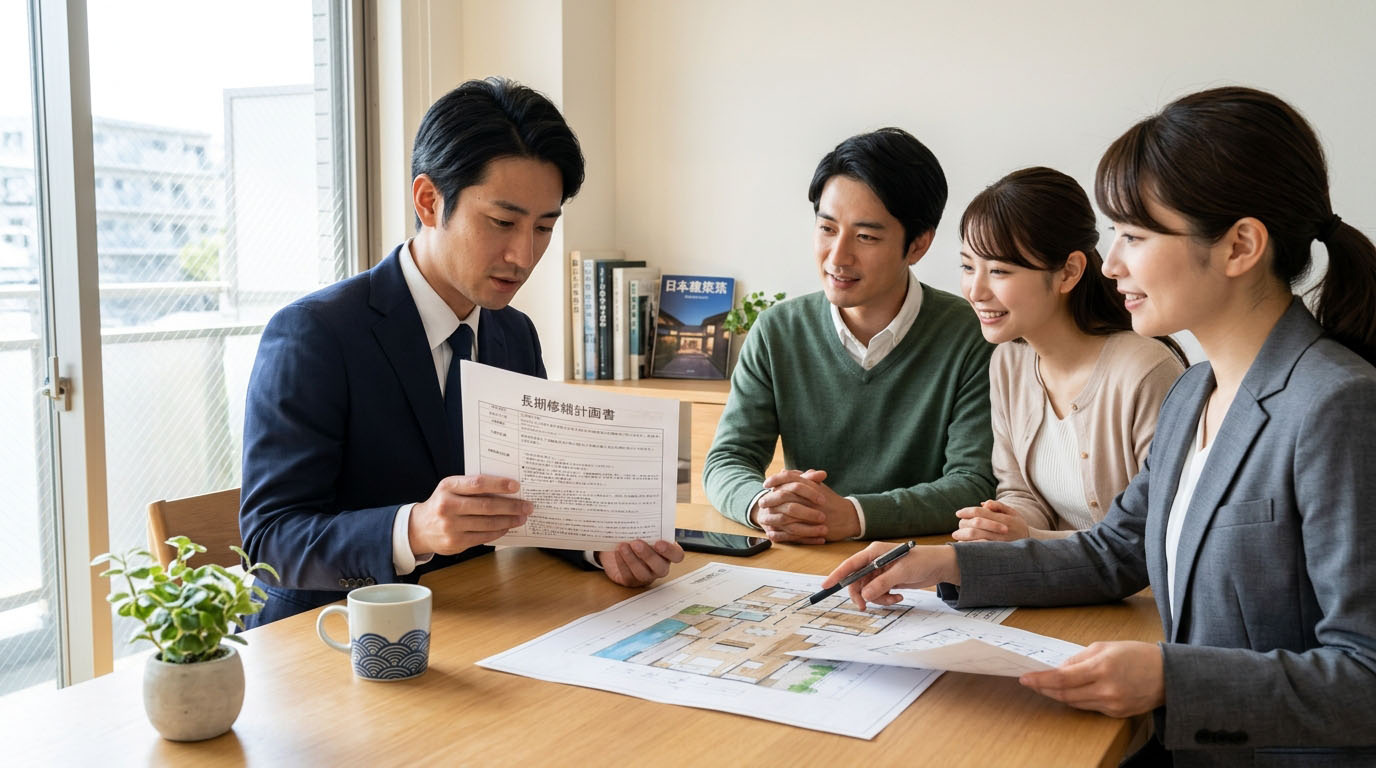 高翔バイセルのスタッフと建築士が、マンションの長期修繕計画書を確認しながら、お客様に安全なリノベーション計画を提案している様子